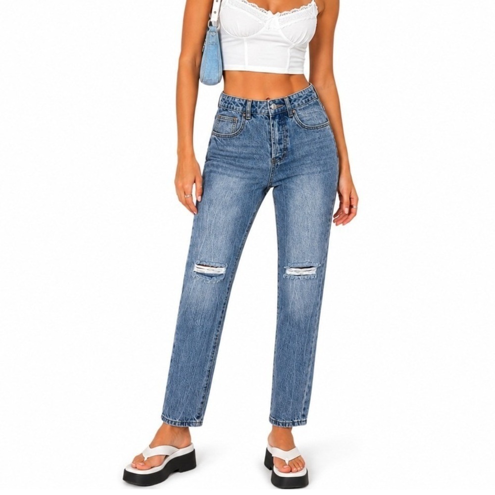 Edikted Polly Cutout Pocket Mom Jeans Distressed Medium Wash Y2K Festival Size M